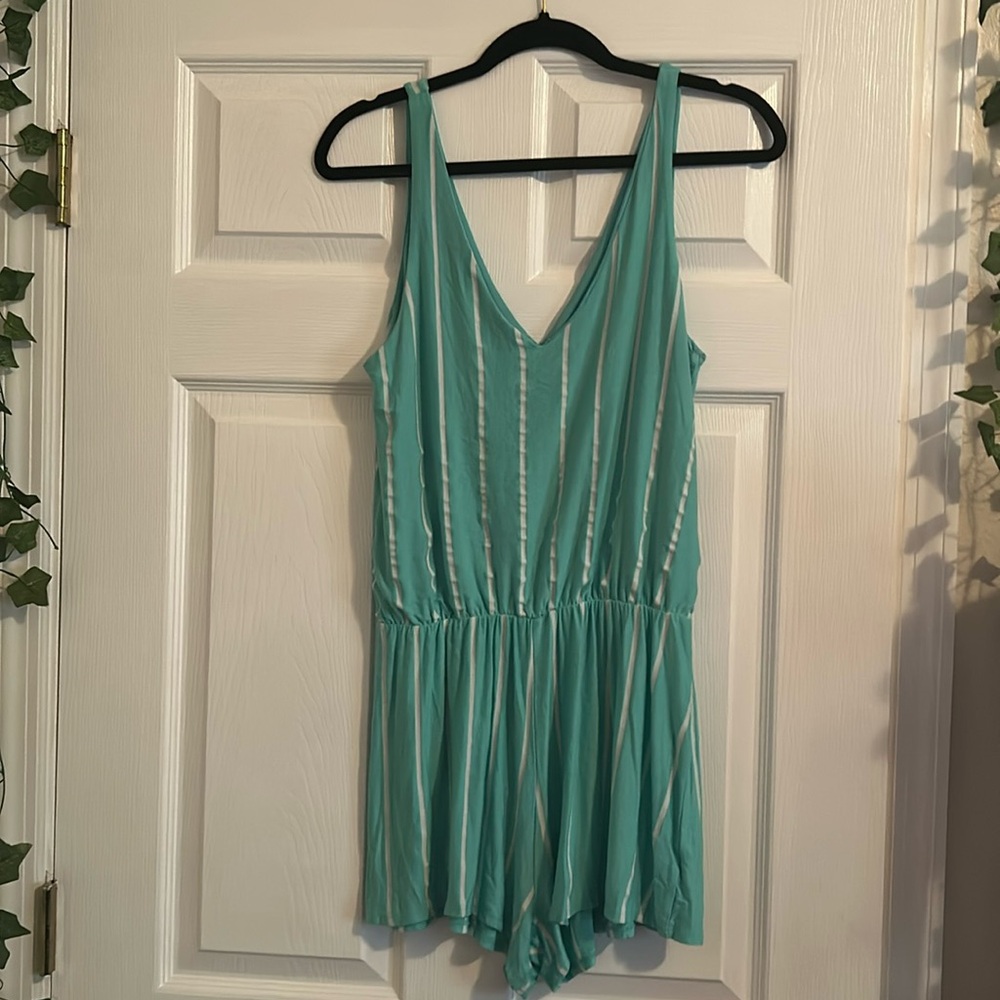 Teal romper with white stripes